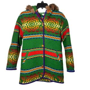 Vintage Limited Colors of Benetton Wool Coat Fur Trim Green Made in Italy